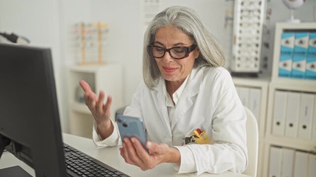 Woman holding smartphone at clinic desk, smiling and gesturing with one hand; reassurance telehealth consultation.