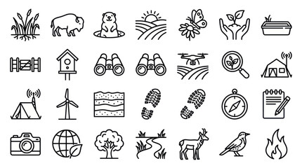 Fototapeta premium Wildlife and environmental conservation outline icon collection