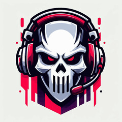 Fototapeta premium A menacing skull wearing gaming headphones with glowing red eyes, a digital art illustration.
