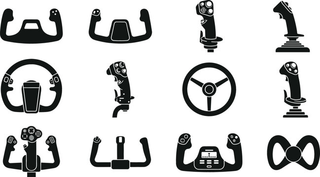 Collection of diverse flight simulator control yokes and steering wheels on a white background