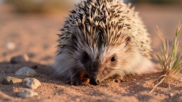 Adorable Hedgehog emerging from sandy terrain in warm evening light