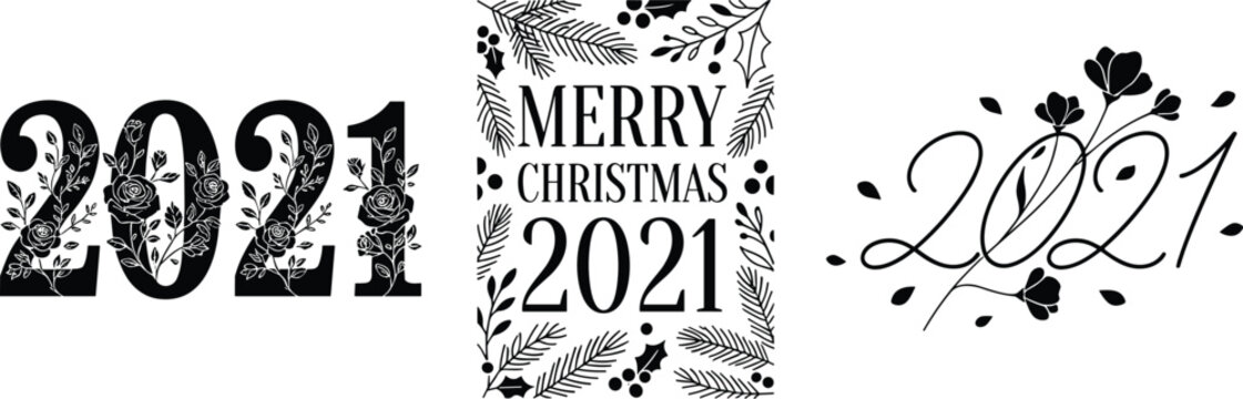 2021 Floral Typography Collection with Merry Christmas Greeting, Elegant Botanical Numbers, Hand Drawn Lettering, and Holiday Celebration Vector Designs