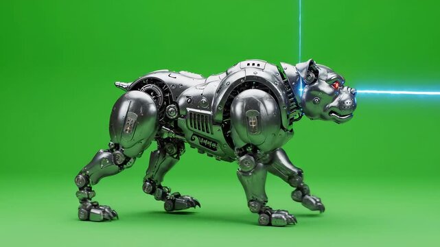 Futuristic robotic quadruped dog walking and scanning on a bright green screen background for easy keying