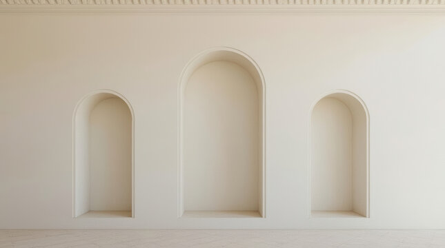 Arched wall alcove trio in minimalist neutral interior with soft natural light