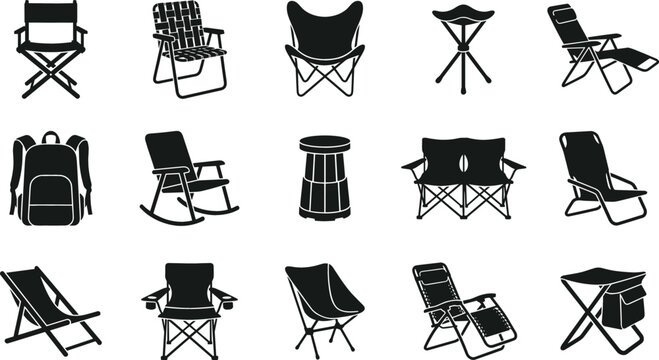 Collection of various outdoor camping chairs and portable seating silhouettes on white background