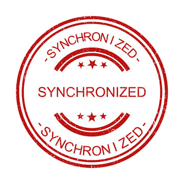 Red round rubber stamp with the word synchronized inside for business documents isolated on transparent background