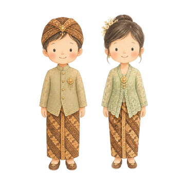 Watercolor illustration of a cute Javanese couple wearing traditional Indonesian wedding attire beskap and kebaya.