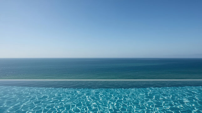Infinity pool ocean horizon clear sky serene minimalist blue seascape