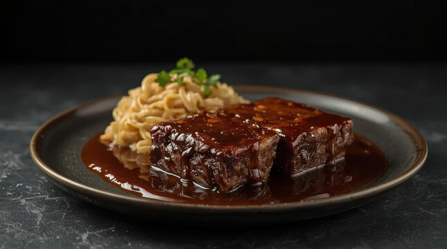 Glazed beef short ribs with rich sauce and noodles, warm savory comfort food