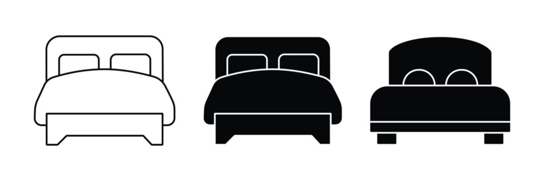 Bed Icon Set &ndash; Double Bed Furniture, Bedroom Interior, Hotel Sleeping Bed, Outline & Silhouette Vector Collection