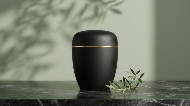 Modern black cremation urn with gold accent on a marble surface with an olive branch.