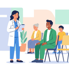 Fototapeta premium Diverse Patients Wait for Doctor's Appointment in Modern Clinic Waiting Room