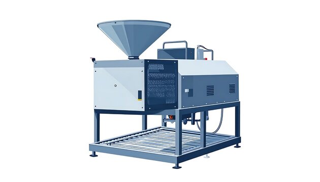 Industrial stainless steel processing machine with control panel.