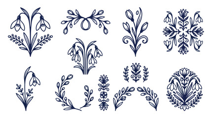 Fototapeta premium Set of Hand Drawn Snowdrop Floral Decorative Vector Elements Isolated