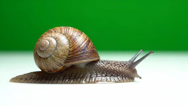 Garden snail slowly crawling across a flat surface with a bright green screen background for easy keying and composting