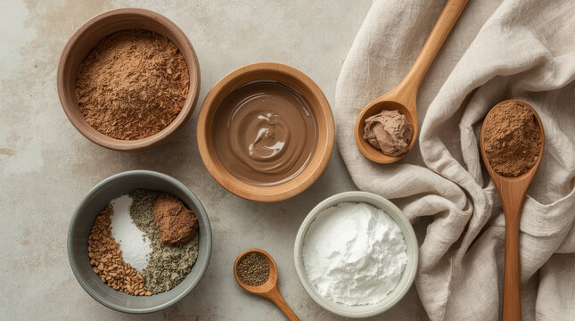 Natural clay mask ingredients arranged in bowls and wooden spoons, earthy spa scene
