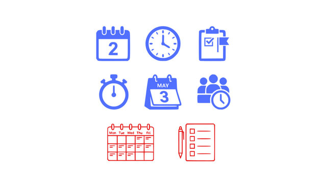 Modern vector icons featuring calendar, stopwatch, clock, planner, and schedule elements.