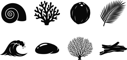 Tropical beach and ocean elements black silhouette set including seashell coral coconut palm leaf and ocean wave © MDARIFUL