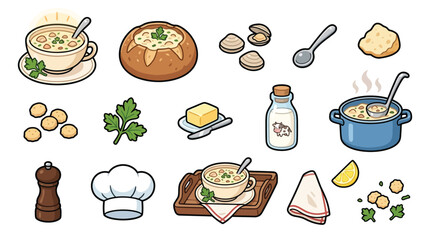 A collection of charming cartoon illustrations depicting the ingredients and preparation of clam chowder, including clams, bread bowls, herbs, and dairy. © geira