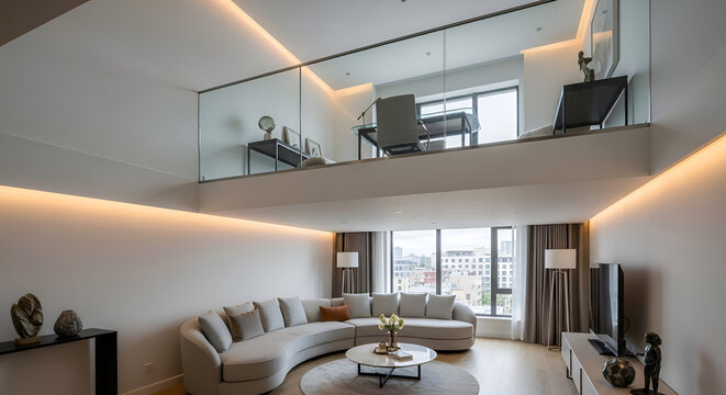 Modern duplex apartment interior with mezzanine level featuring a home office and open plan living area