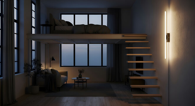 Modern loft apartment interior with mezzanine bedroom and wooden staircase illuminated by wall lamp
