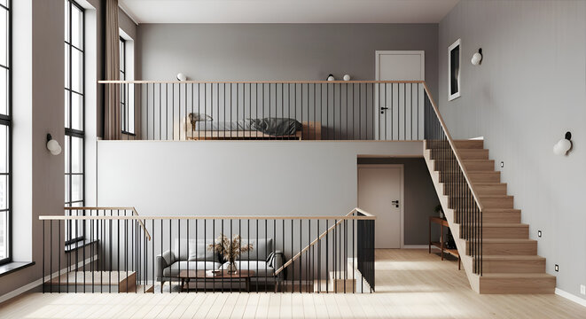 Modern multi-level interior with wooden staircase and mezzanine bedroom above living room