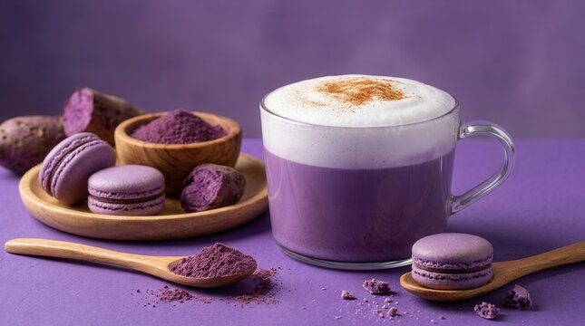 Ube latte drink with foam in a clear glass cup, purple macarons, and ube powder with root on a violet surface.