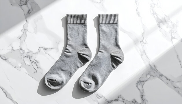Pair of gray socks laid out on a marble surface with dramatic natural light and shadows