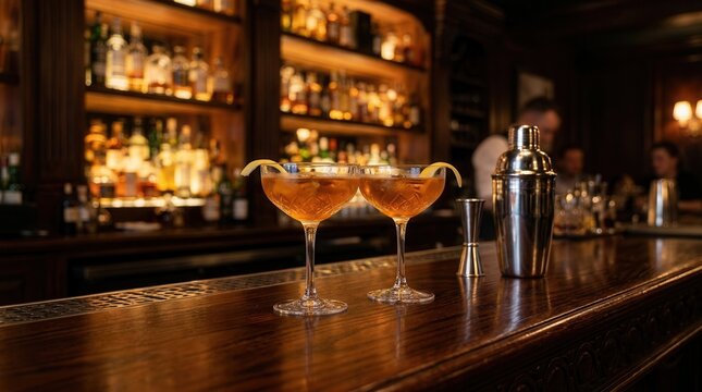 Two amber cocktails on a polished bar counter in a classic speakeasy vibe