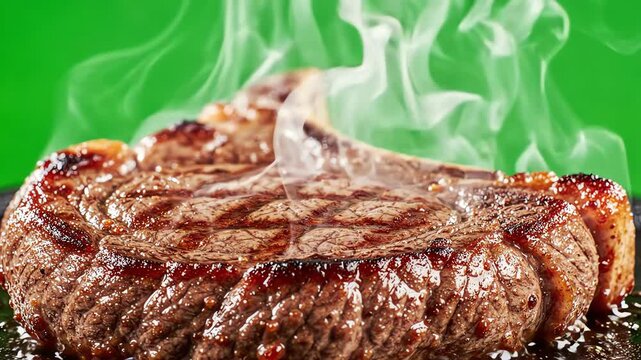 Grilled beef steak with rising steam and smoke against a chroma key green background for food composition