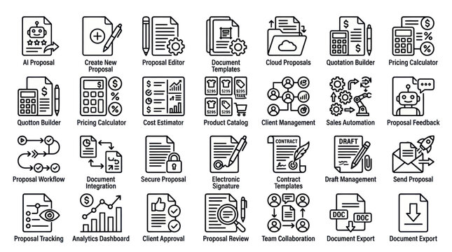 AI proposal creation and document pricing management icons.