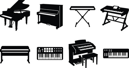 Piano and Keyboard Instrument Silhouette Collection with Grand Upright Digital and Electronic Keyboards © Mst