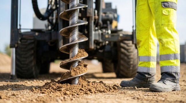 A worker in a safety vest and yellow pants uses a drill rig for soil sampling.