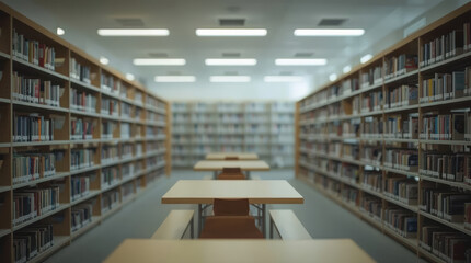 Obraz premium Out of focus university library study table with bookshelves and soft lighting, calm atmosphere