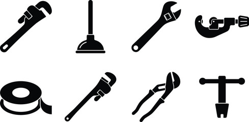 Naklejka premium Plumbing Tools Silhouette Set with Pipe Wrench Plunger and Cutter Icons