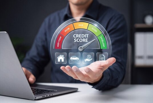 Businessman holding a digital credit score gauge interface above his hand while working on a laptop