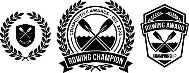 Obraz premium Rowing Championship Vector Emblem Badge Set with Crossed Oars Laurel Wreath and Shield Graphics for Varsity Water Sports Tournament Logos