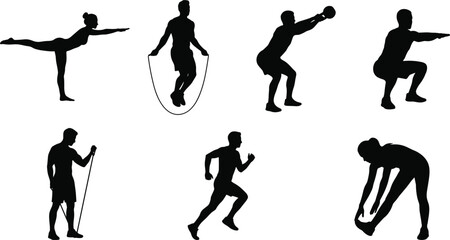 Professional fitness and exercise silhouette set featuring yoga running jumping rope squats and strength training vector icons © Mst