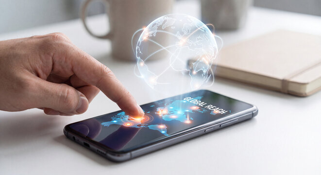 Global Connectivity Hologram on Smartphone Screen, Digital Earth Network Overlay, Finger Touching Futuristic Interface, Technology Concept for Communication and Data Transfer