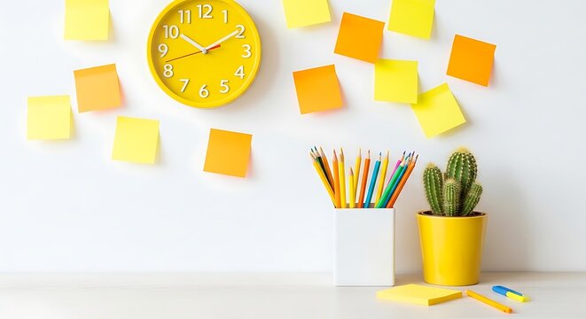 Yellow clock and white pencil holder on a clean white desk