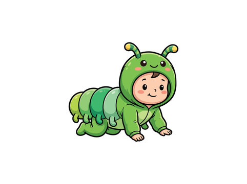 Joyful Chibi Baby In Detailed Green Caterpillar Costume With Antennae And Segmented Body, Crawling Happily, Insect-Themed Vector Illustration
