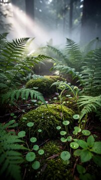 Green moss and fern forest floor with soft morning mist drifting between sunlit fronds and dewdrops