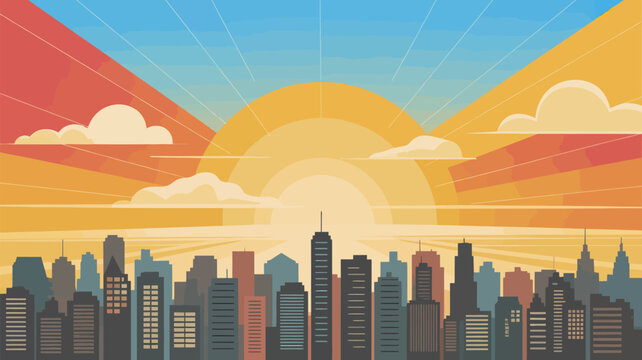 Vibrant urban city skyline against a dramatic sky with a radiating sun at sunrise or sunset