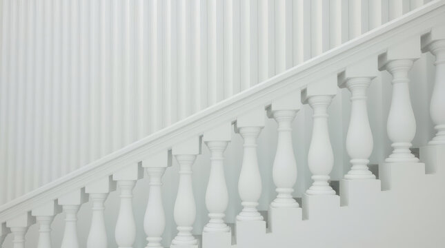 White balustrade staircase with repeating classical balusters and soft light
