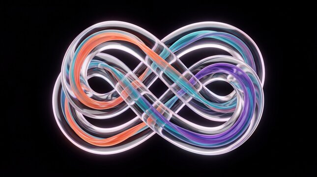 Complex infinity knot symbol intricately woven from glowing glass tubes with orange cyan and purple internal cores on black background