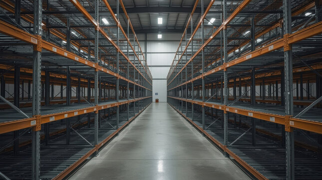 Empty industrial warehouse aisle with symmetrical metal shelving and polished concrete floor