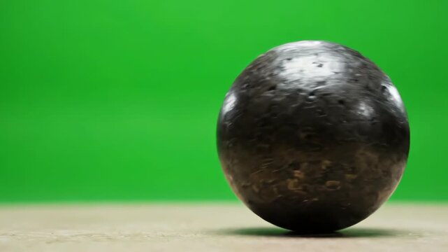 Heavy iron shot put ball flying through the air in slow motion against a bright green screen background with realistic metallic reflections