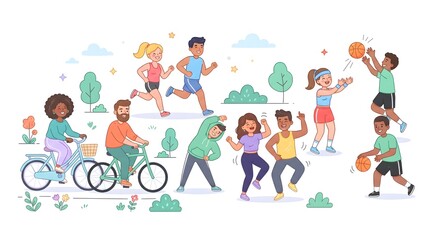 Fototapeta premium Colorful cartoon vector illustration showing people of all ages participating in cycling, jogging, walking, and fitness activities. Suitable for public health campaigns, community wellness, sports eve