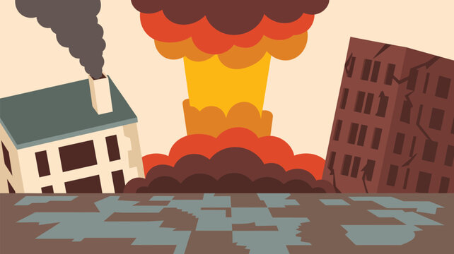 War torn landscape with crumbling buildings and a fiery explosion on the horizon