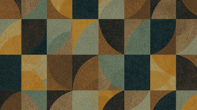 Seamless checkerboard quarter circle pattern muted teal, ochre and brown with textured retro vibe